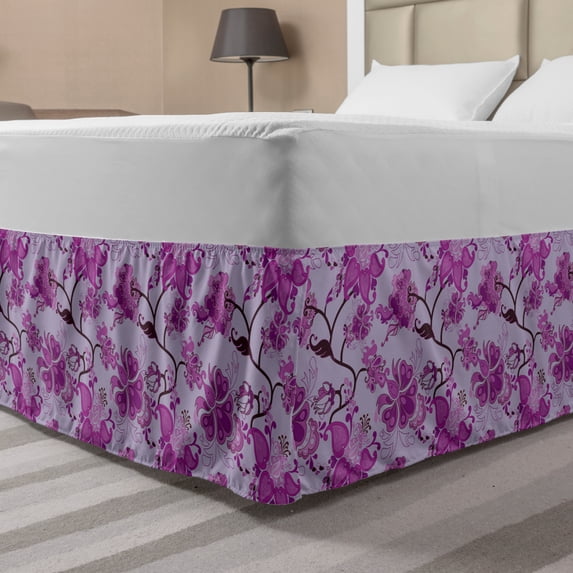Bohemian Bed Skirt, Chinese Traditional Pattern Abstract and Hippie Blossoms, Elastic Bedskirt Dust Ruffle Wrap Around for Bedding Decor, 4 Sizes, Fuchsia Brown and Mauve, by Ambesonne