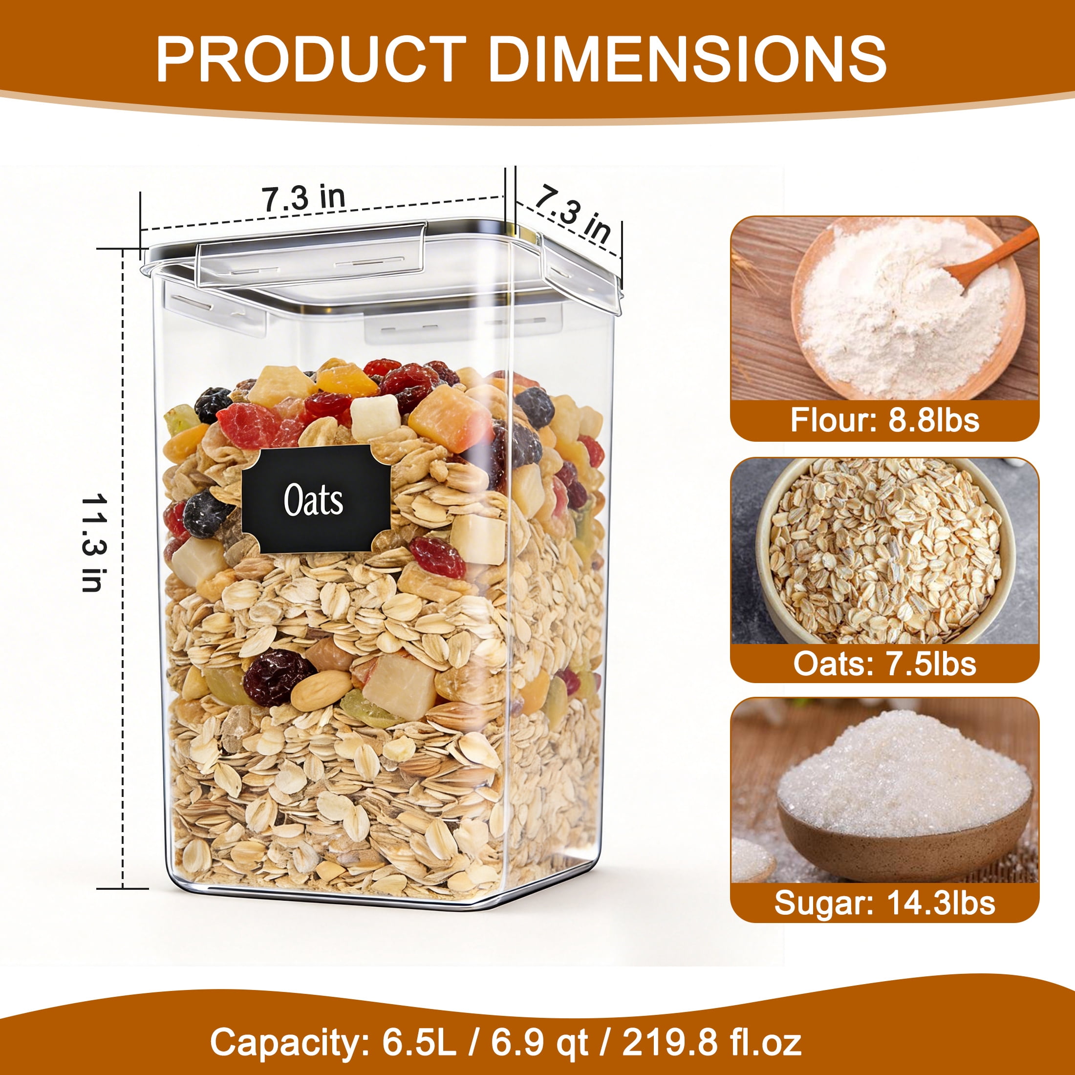 GARITIN Food Storage Containers with Lids Airtight, 2 Pack 6.5L Large Plastic Kitchen and Pantry Storage for Cereal Flour Sugar Rice, Clear