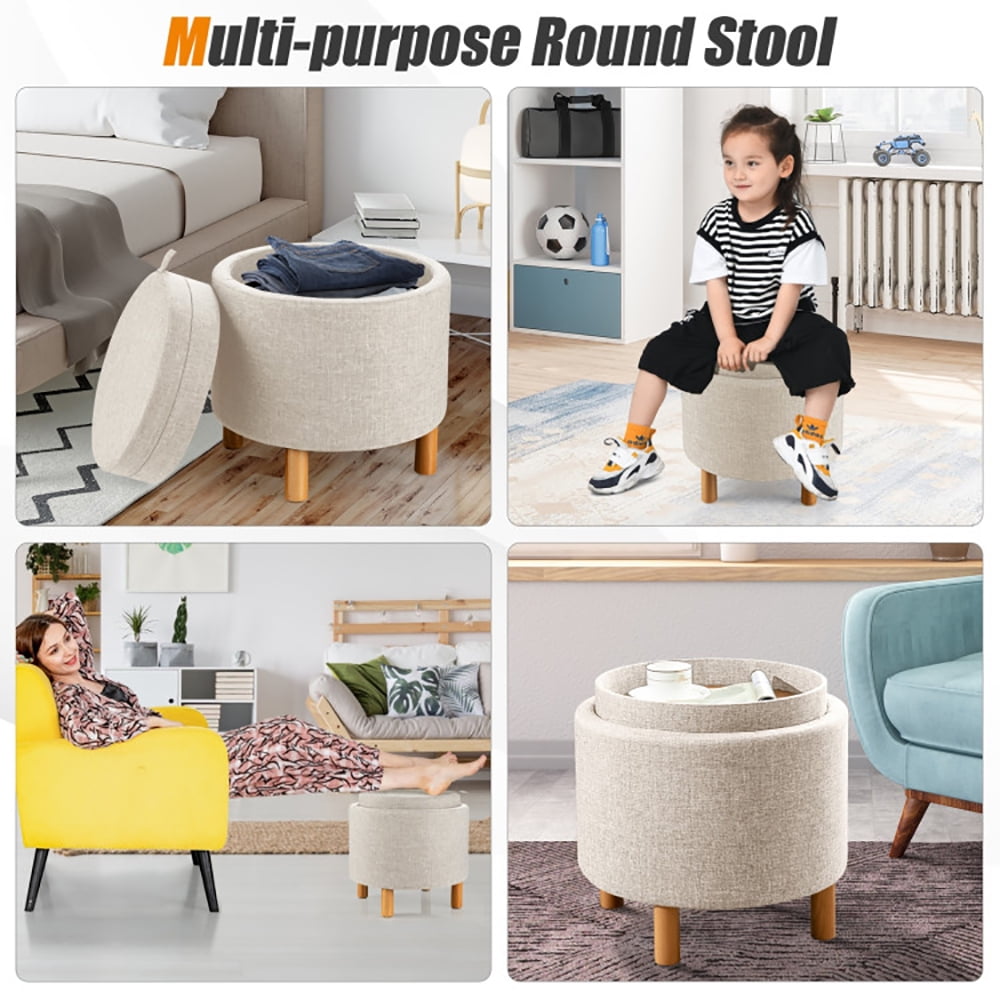 Finihen Round Fabric Storage Ottoman, Footrest Stool, Vanity Chair, Storage Ottoman with Tray and Non-Slip Pads, for Living Room, Bedroom, Beige Finihen Round Fabric Storage Ottoman, Footrest Stool, Vanity Chair, Storage Ottoman with Tray and Non-Slip Pads, for Living Room, Bedroom, Beige