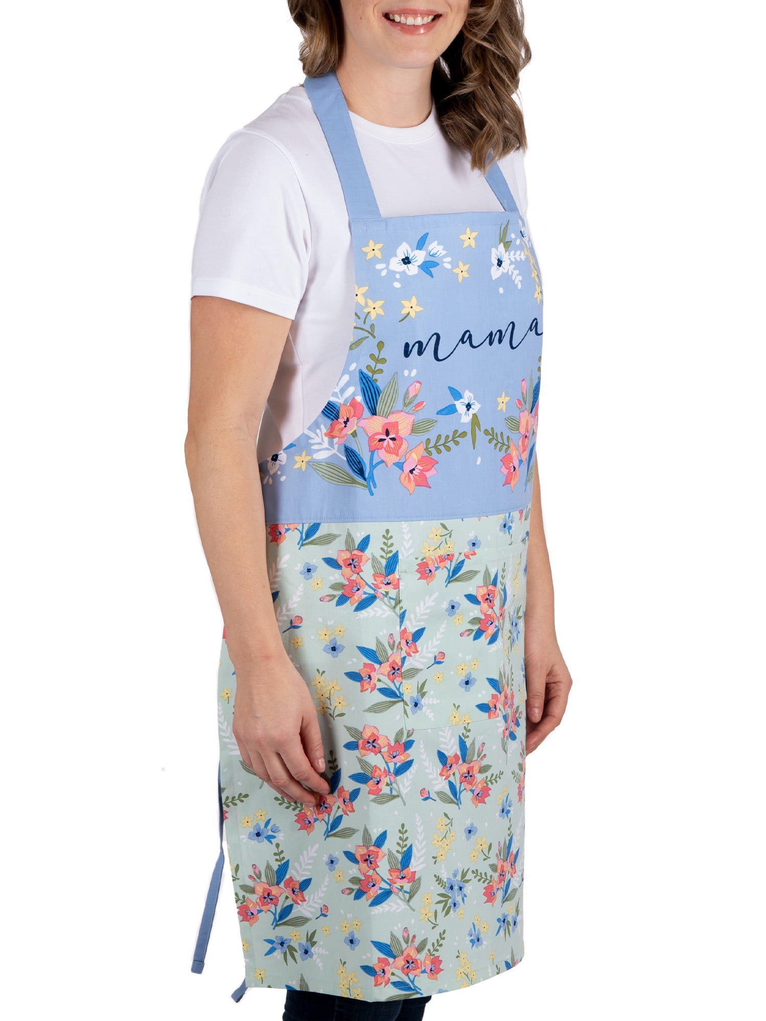 Mainstays Chef Kitchen Apron, 28" x 32" Floral Cotton Bib Apron with Pockets for Cooking, Baking, Gardening in Mint
