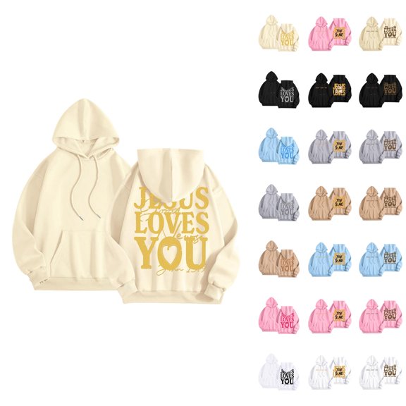 Christian Hoodies for Women 2025 Jesus Loves You Cute Y2K Graphic Hoodie with Pockets Hooded Sweatshirt Women Pullover
