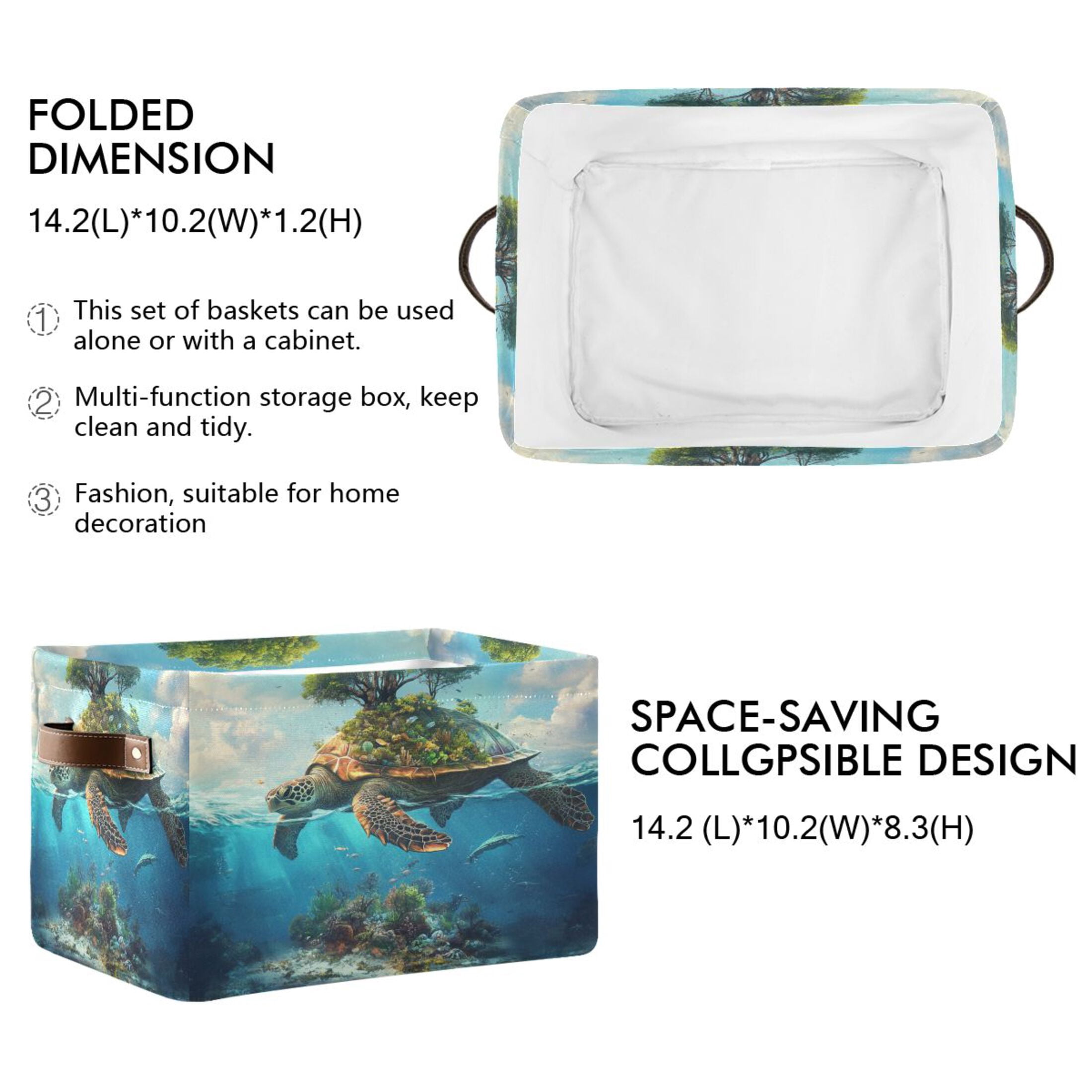 Sea Turtle Carrying Island Foldable Storage Basket,Canvas Fabric Foldable Storage Bins with Handles Open Home Storage Bins Boxes for Toy Book Shelf Closet Baskets
