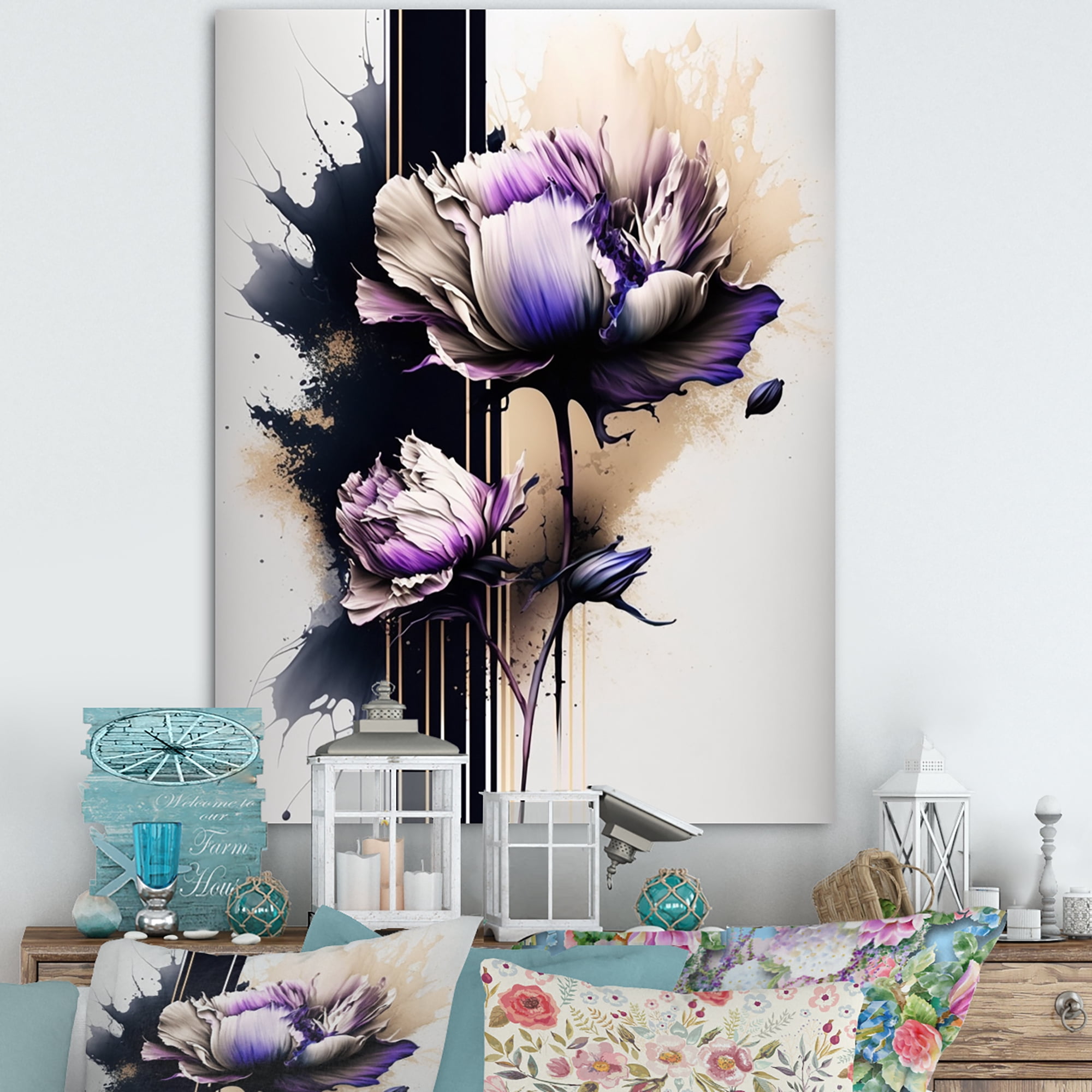 Designart Puple Peony Flower On Abstract Paint III Canvas Wall Art