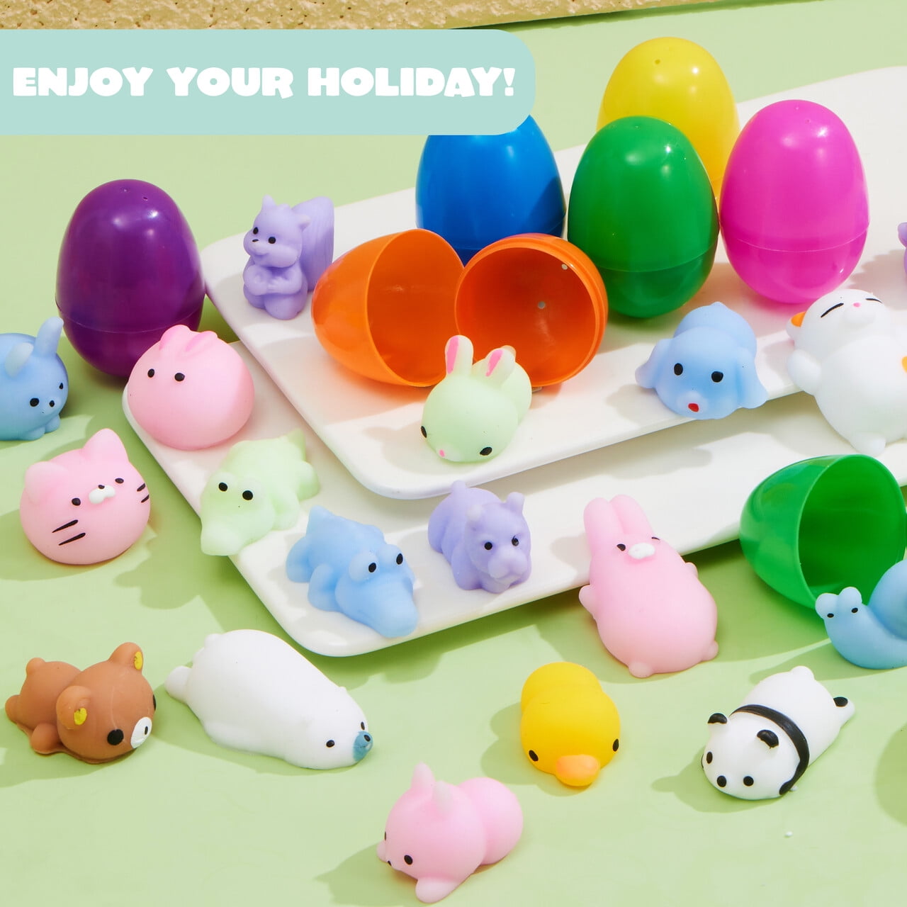 Joyfy 72 Packs Prefilled Easter Eggs with Mochi Toys,Mochi Squishies Stress Relief Toys Stuffed Plastic Easter Eggs for Easter Basket Kids