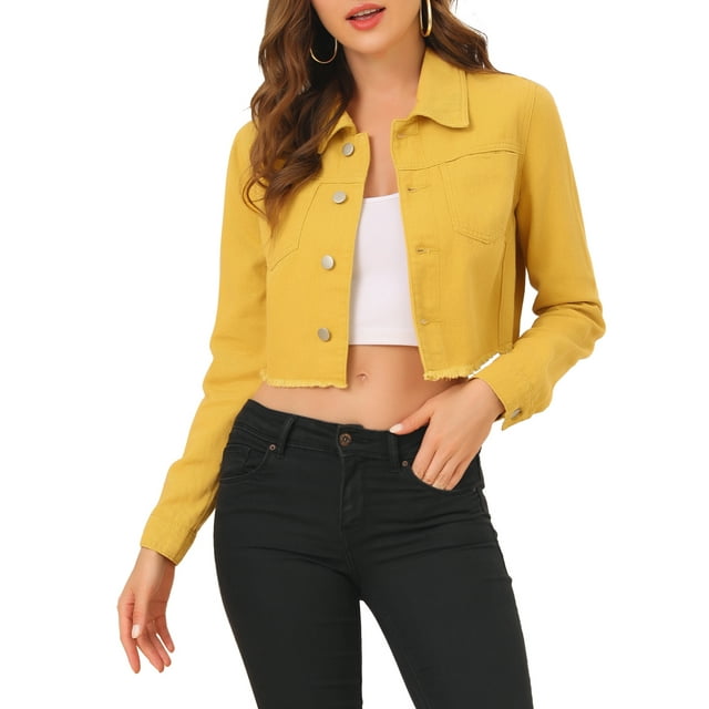 INSPIRE CHIC Veste en Jean pour Femme, Effilochée, Boutonnée, Lavée, Courte, Veste en Denim, TP, Moutarde