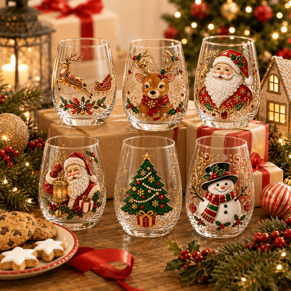 2D Christmas Glass Cup, 6-Style Holiday Printed Glassware with Santa Reindeer Snowman Christmas Tree Artwork, Decorative Drink Cup for Winter Home, Parties and Gifts