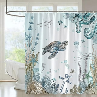Sea Turtle Theme Shower Curtain Set Wooden Board Coral Water