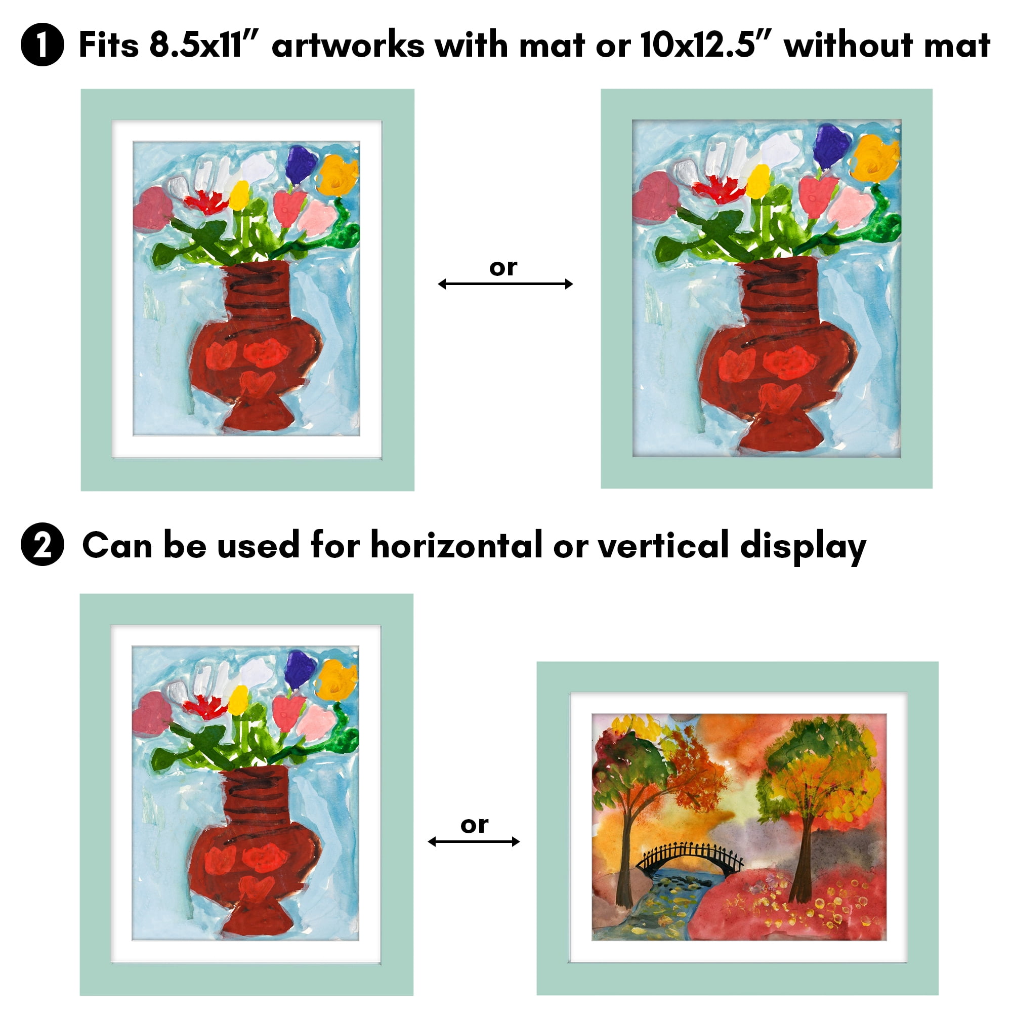 Americanflat 10x12.5 Kids Art Frame with 8.5x11 Mat Holds 100 Art Pieces Magnetic Letter Size Mini - Seafoam Green