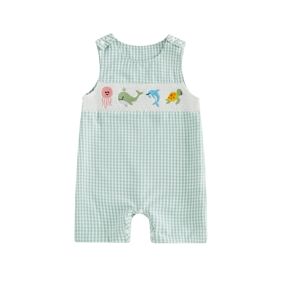 BemeyourBBs Newborn Baby Boy Summer Clothes Fishing Outfit Smocked Gingham Romper Overalls Shorts 0 3 6 12 18 Months Marine Life Embroidered Sleeveless One Piece Plaid Casual Jumpsuit