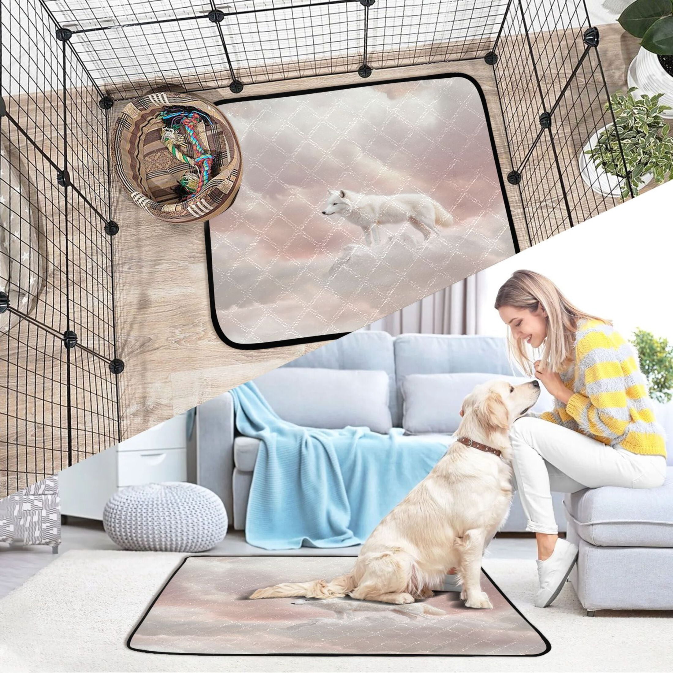Washable Pet Pee Pads with Super Absorbent Reusable Training Pads for Dogs & Cats White Wolf on A Cloud