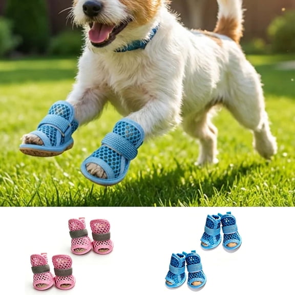 4 PC Breathable Mesh Dog Shoes, Anti-Slip Puppy Rain Boots, Outdoor Dog Sneakers Solid, Waterproof Pet Sandals, Adjustable Elastic Strap, Soft Soles, Wear-Resistant