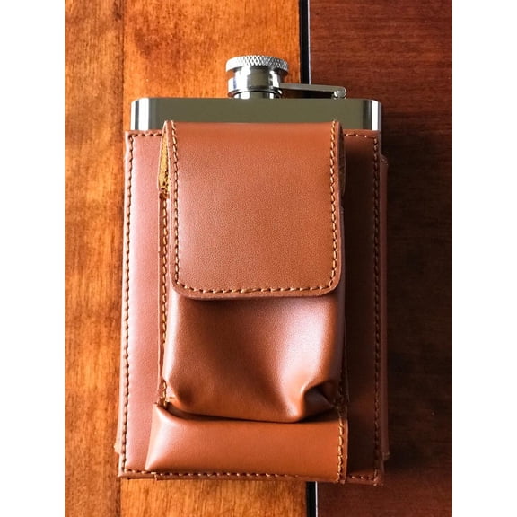 CF-884 golf flask set with a lighter pouch, 8 Oz flask, Stainless Steel, brown leather