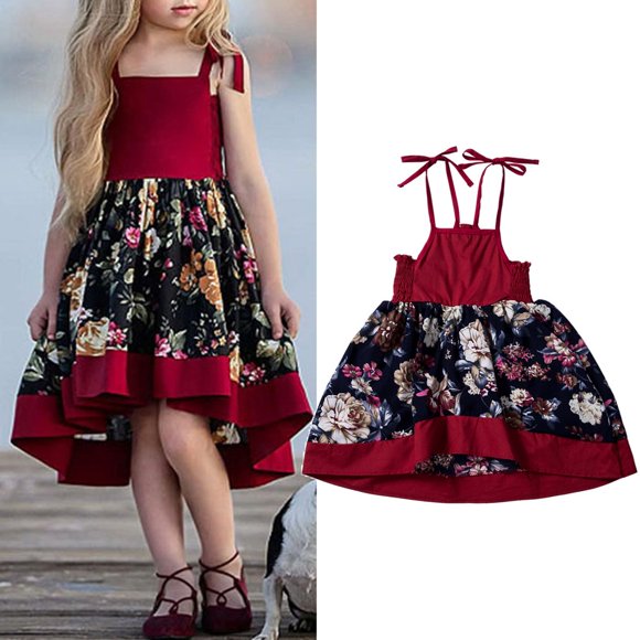 MesaSe Robe Vintage pour Tout-Petits Filles Bébé Robe à Bretelles Fête Tulle Princesse Florale Robe d'Été Rouge 1-2 Ans
