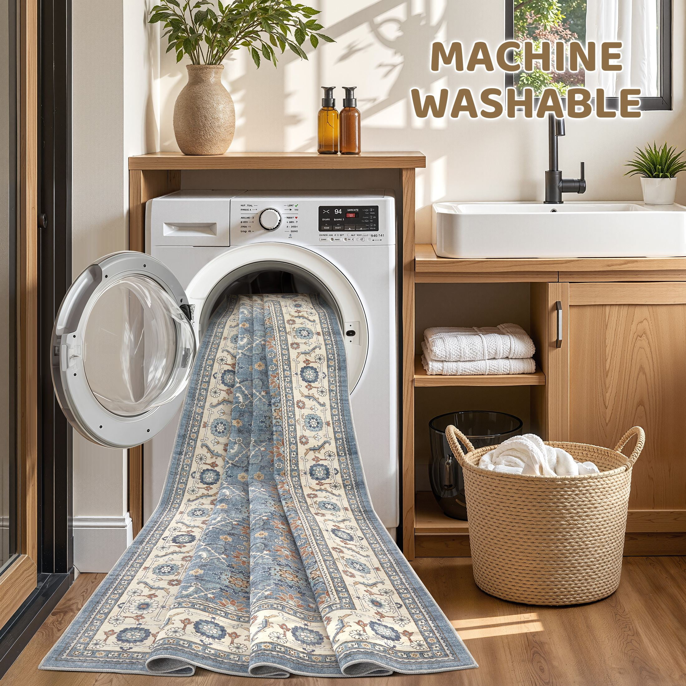 UERMEI 5'x7' Washable Area Rugs for Living Room, Vacuum Friendly, Non-Silp Low-Pile Rug for Bedroom, Boho Home Decor Carpets, Blue