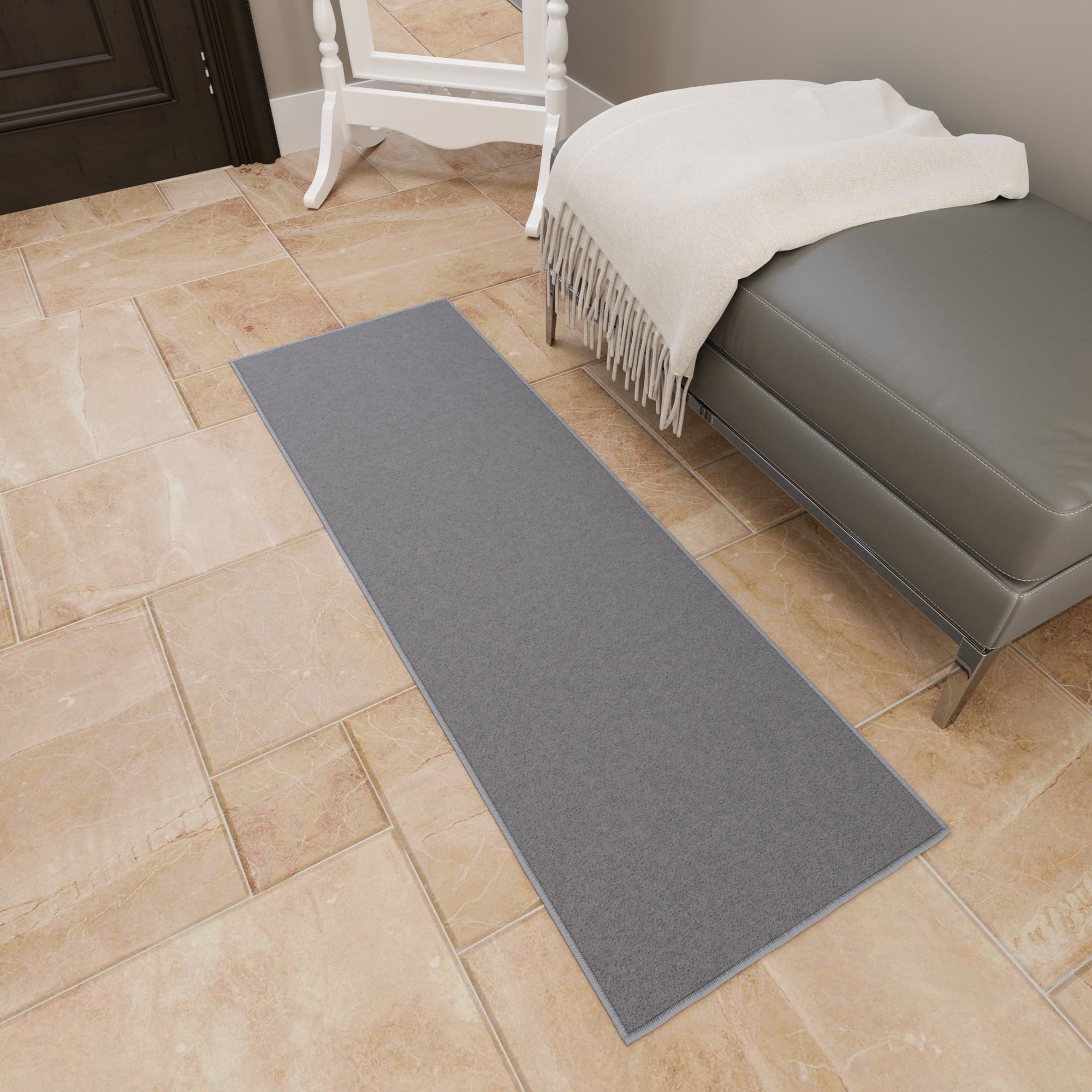 Ottomanson Solid Bathroom Runner Rug 20" x 53" - Non Slip Low Pile Carpet, Gray