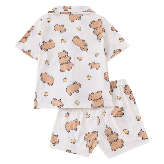 JCCXIN Toddler Baby Girls Sleepwear Lapel Four Seasons Short Sleeve Shirt Shorts Cardigan Printed Outfit Lovely Home Sleepwear,Light Yellow,4-5 Years