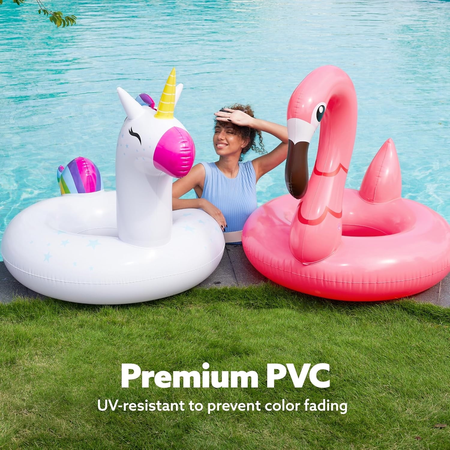 Joyfy 2-Pack Unicorn Flamingo Pool Floats, Pool Tubes for Floating, Fun Beach Floaties, Summer Party Pool Toys for Adults Kids