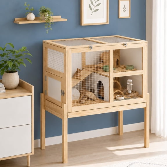Large 2‑Story Wooden Guinea Pig Cage with Pull-Out Tray, Natural