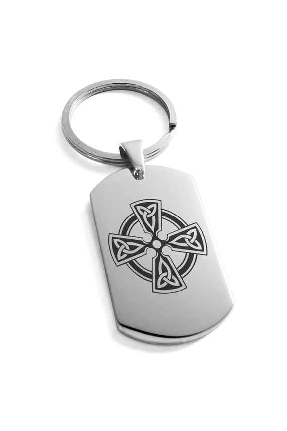 Stainless Steel Celtic Cross Triquetra Knot Engraved Dog Tag Keychain Keyring