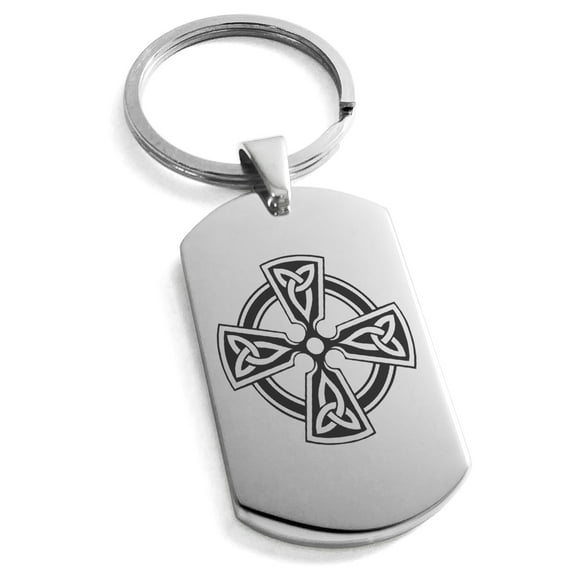 Stainless Steel Celtic Cross Triquetra Knot Engraved Dog Tag Keychain Keyring