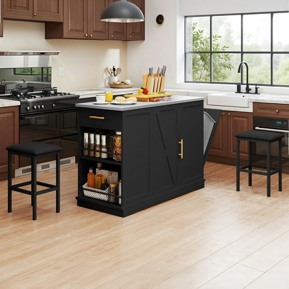 ModFusion 47" Black Kitchen Island with Storage, Side Drawer, Built-in Trash Bin, Bar Stools