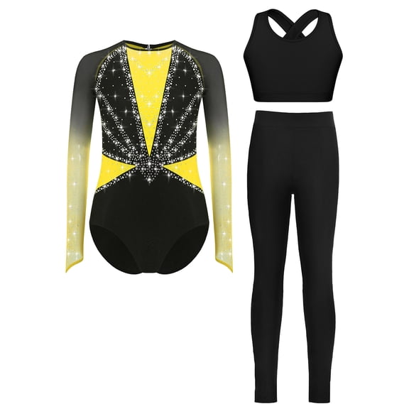 TSSOE Gymnastics Leotard for Girls Long Sleeve Sparkly Ballet Dance Unitard Vest with Leggings Set Gymnastics Outfits Yellow 16