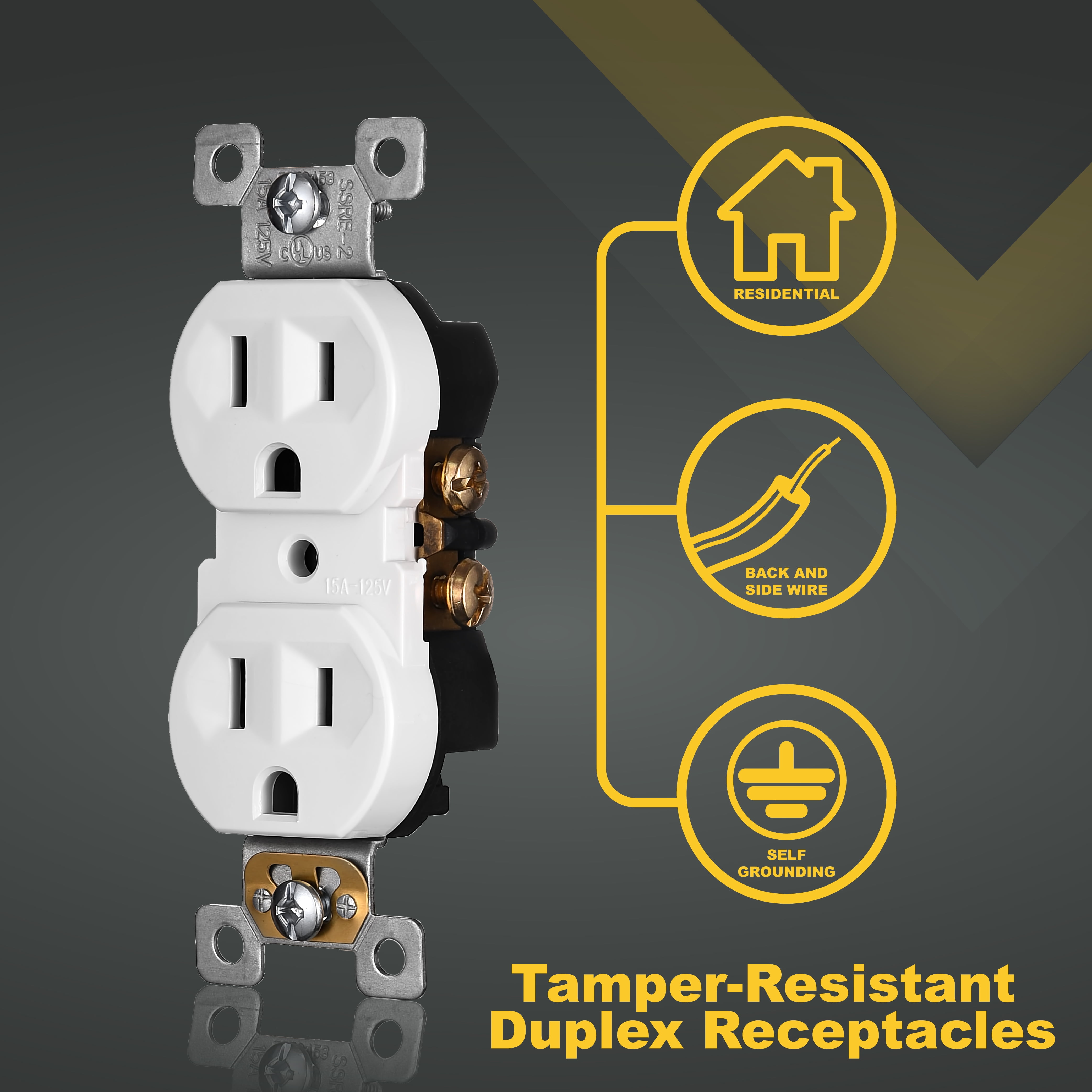 Faith [10-Pack] Duplex Receptacle Outlet, Tamper-Resistant 3-Prong Outlet Receptacle, 3-Wire, Self-Grounding, 2-Pole,15A 125V, UL Listed, White