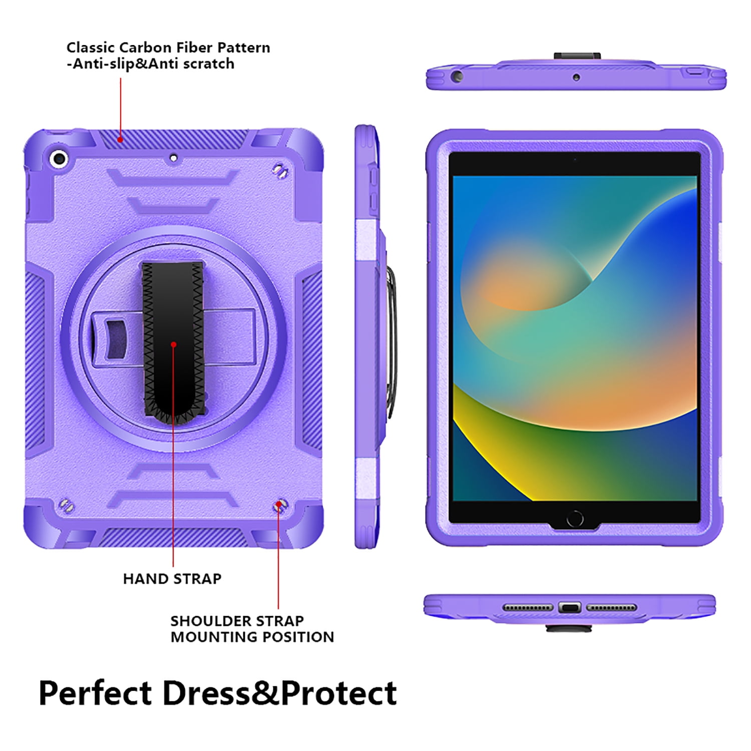 Shockproof Case for Apple iPad 9th/8th/7th Generation, with Pencil Holder Military Grade Protection Rotating Stand Hand Strap Shoulder Strap Bumper Rugged Case for iPad 10.2" 2021/2020/2019, Purple