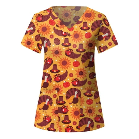 

Thanksgiving Women Scrubs Top Nurses Clothing Working Uniform Top Care Workwears Short Sleeve V-Neck Turkey Printed Top Fashion T-Shirts