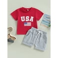 thumbnail image 3 of Miaouyo Toddler Baby Boys 4th of July 2Pcs Summer Outfits, Kids Boys Independence Day Short Sleeve Flag Letter Print Tops + Shorts Clothes Set,0-24 Months 2-3 Years, 3 of 9