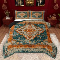 jejeloiu Ancient Bohemian Flowers Queen Comforter Set,Retro Batik Flowers Bedding Sets,Orange Teal Bedding Comforter Set For Adults,Breathable Home Decor Reversible,3pcs