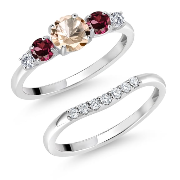 Gem Stone King 10K White Gold Peach Morganite Red Rhodolite Garnet and White Lab Grown Diamond 5 Stone Bridal Engagement Wedding Ring Set for Women (0.75 Cttw, Round: 5MM and 3MM, Size 9)