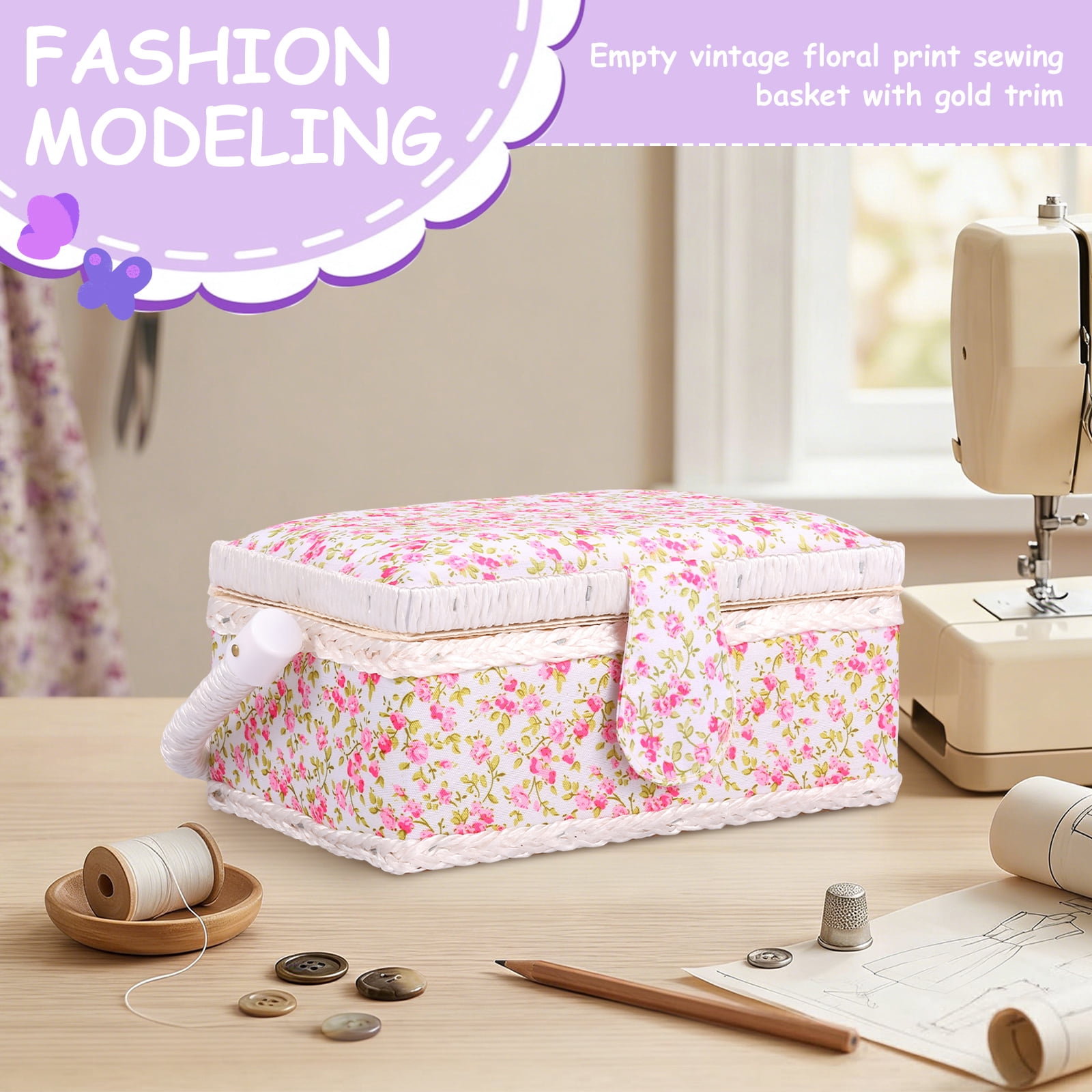 Atopoler Floral Sewing Basket,Vintage Wood Sewing Box with Tray and Handle for Traveling Beginner Professional,No Accessories,Pink Color