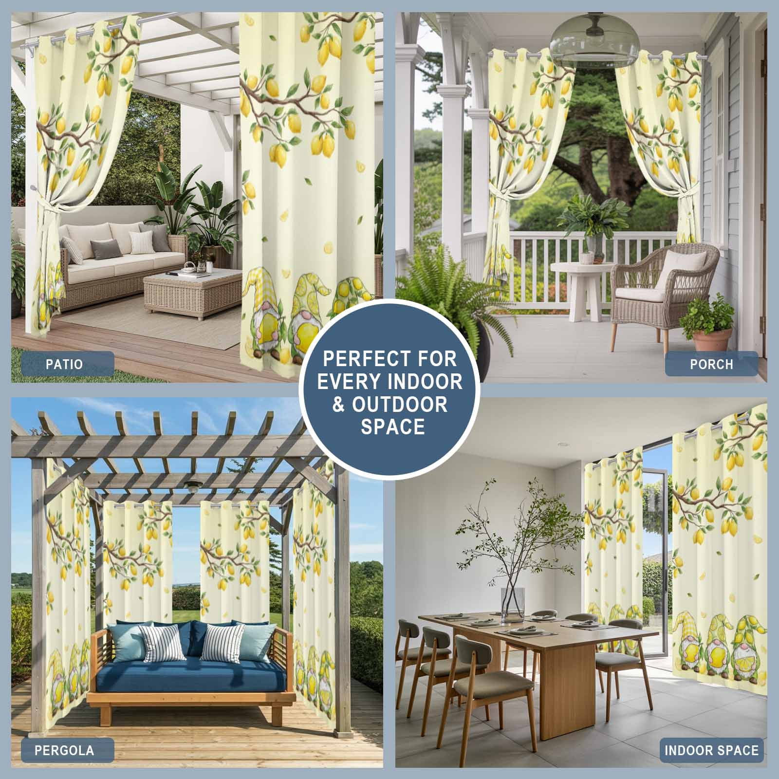 Outdoor Curtains for Patio Waterproof, Lemon Gnomes Windproof Pravicy Outside Porch Blackout Curtain, Summer Tropical Lemon Fruits Yellow Sun Blocking Grommets Curtains for Cabana Gazebo 54"x84"