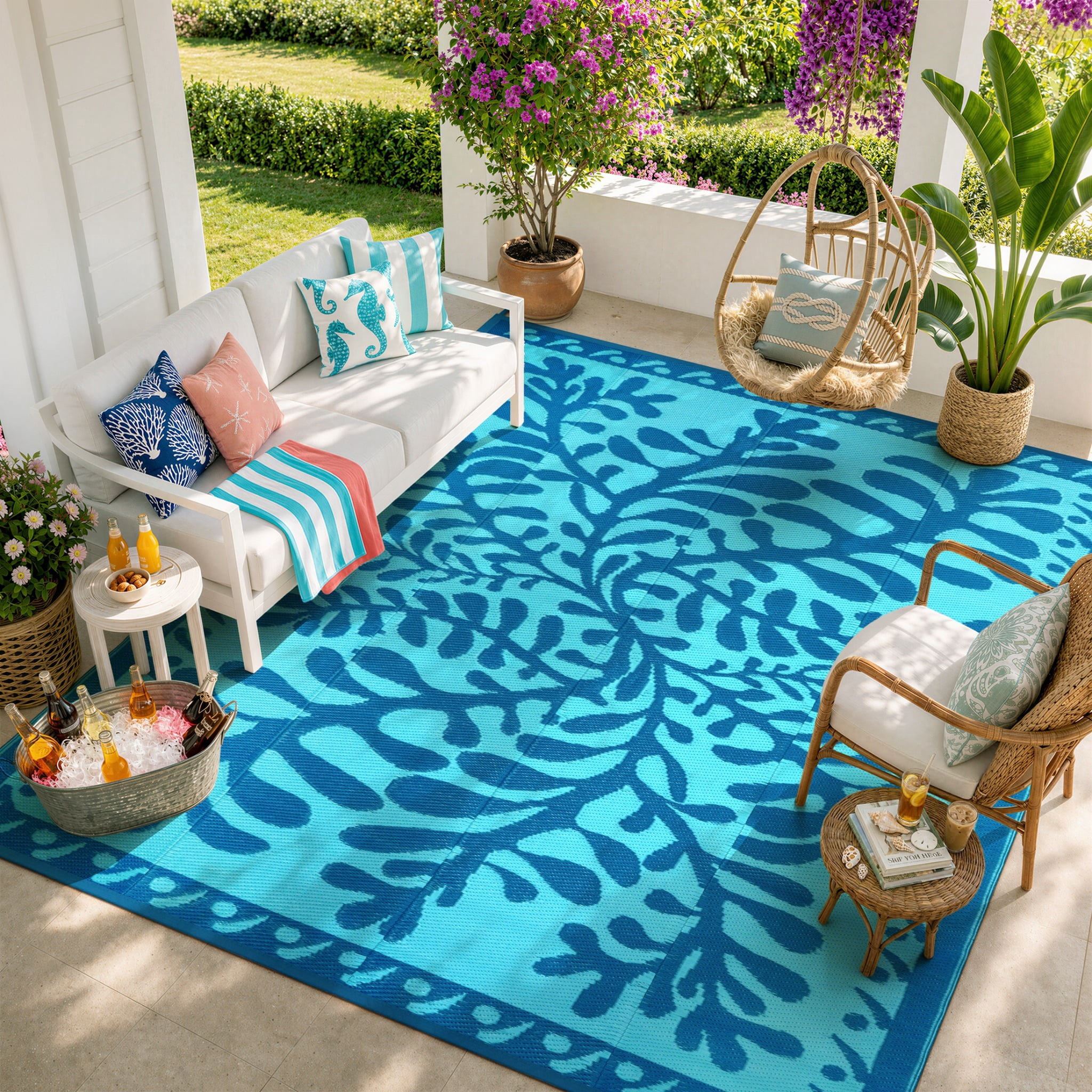 Wonnitar 8'x10' Outdoor Rug Waterproof, Plastic Straw Portable Rugs for Outside, Large Reversible RV Outdoor Carpet,Modern Blue Purple Carpets for Picnic Garden Patio
