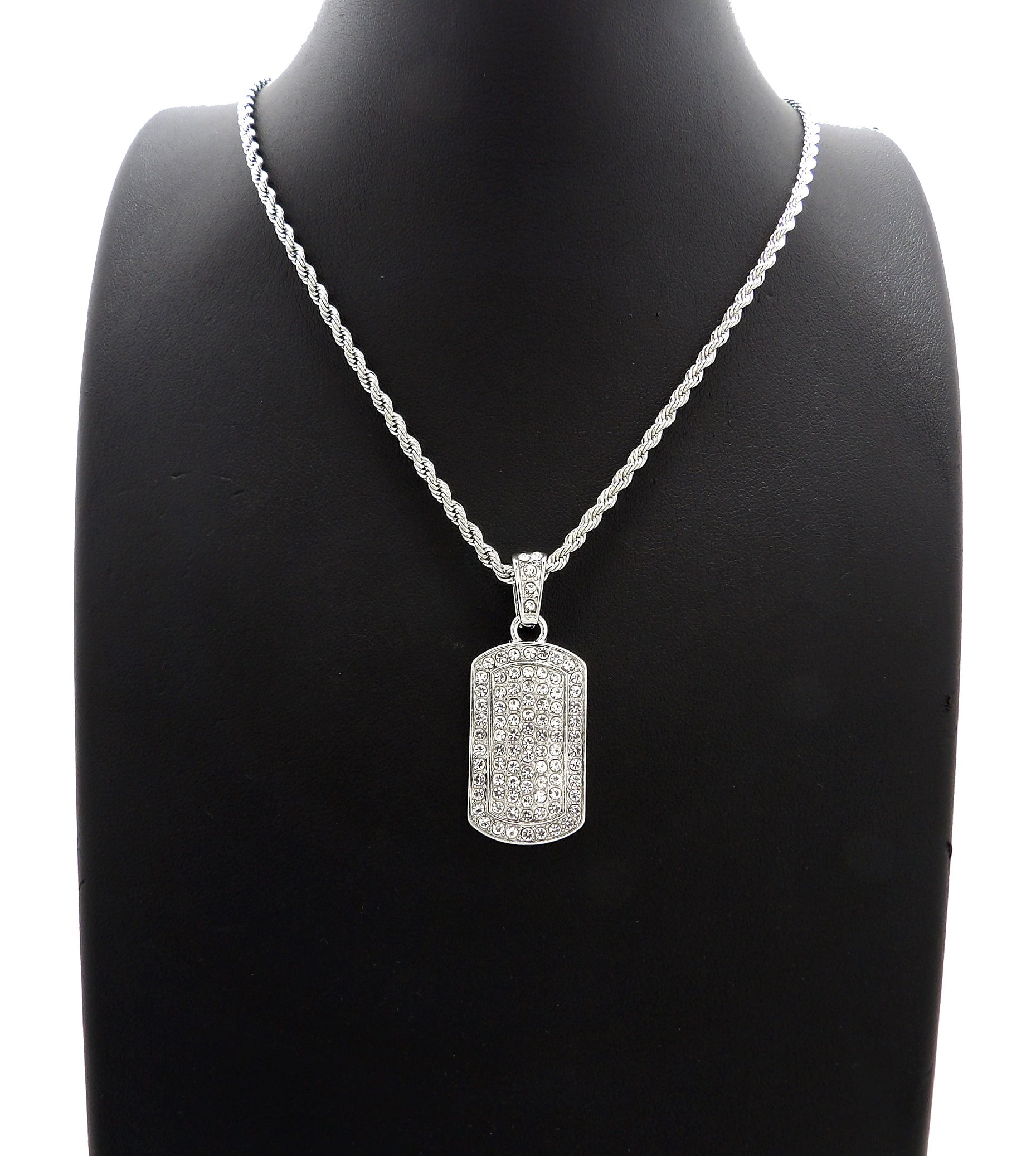 White Gold-Tone Hip Hop Bling Rectangle Dog Tag Pendant with 24 Tennis Chain and 24 Rope Chain 