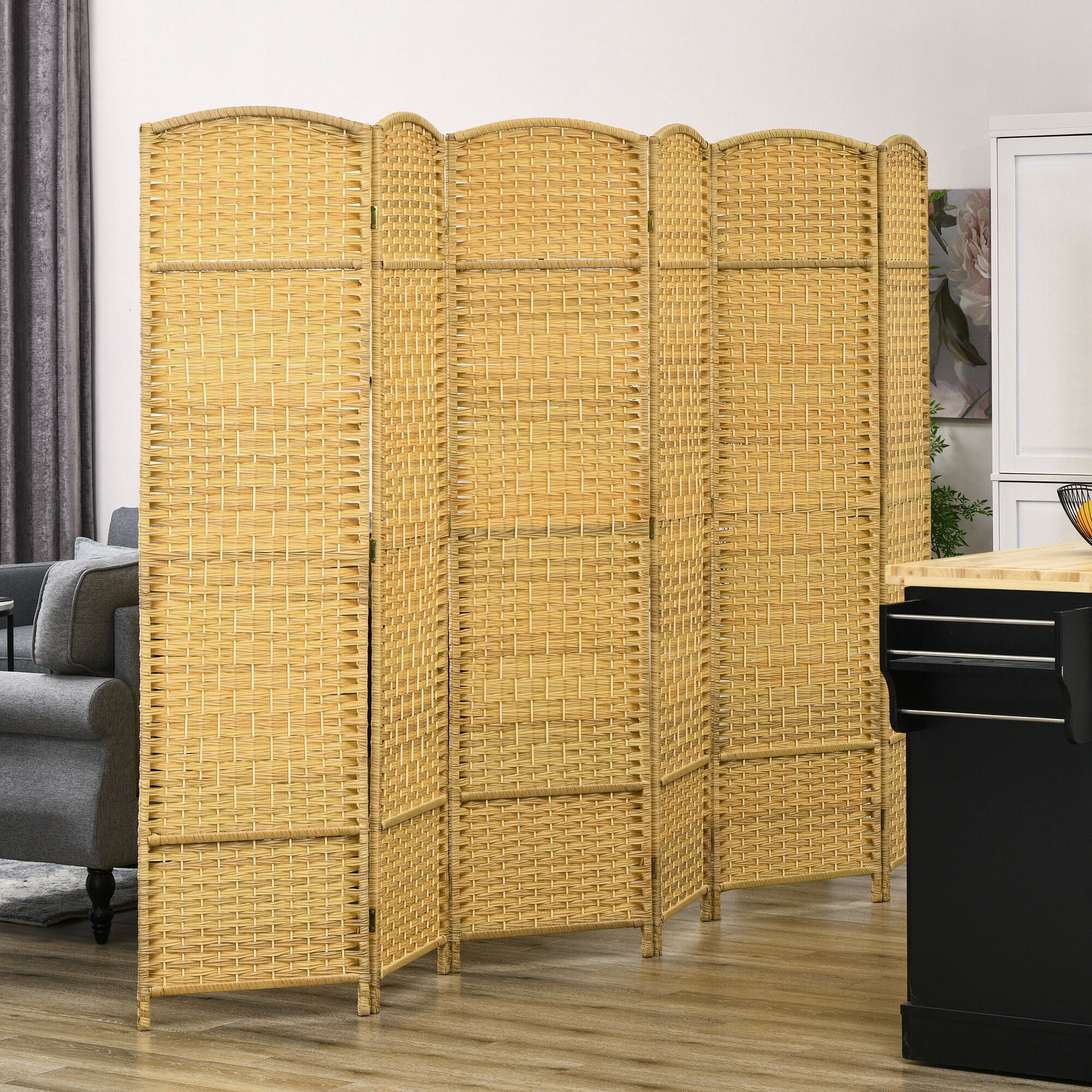 Privacy Screen HOMCOM 6 Panel Room Divider, 6' Tall Folding Privacy Screen, Hand-Woven Freestanding Wall Partition for Home Office, Bedroom, Nature Wood,Outdoor Privacy Screen