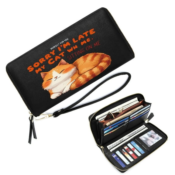 OIDERY Zipper Pocket Wallet for Women Wallet with Wrist Strap for Women Sitting On Me Humorous Cat Durable & Stylish Accessory Everyday Wallet
