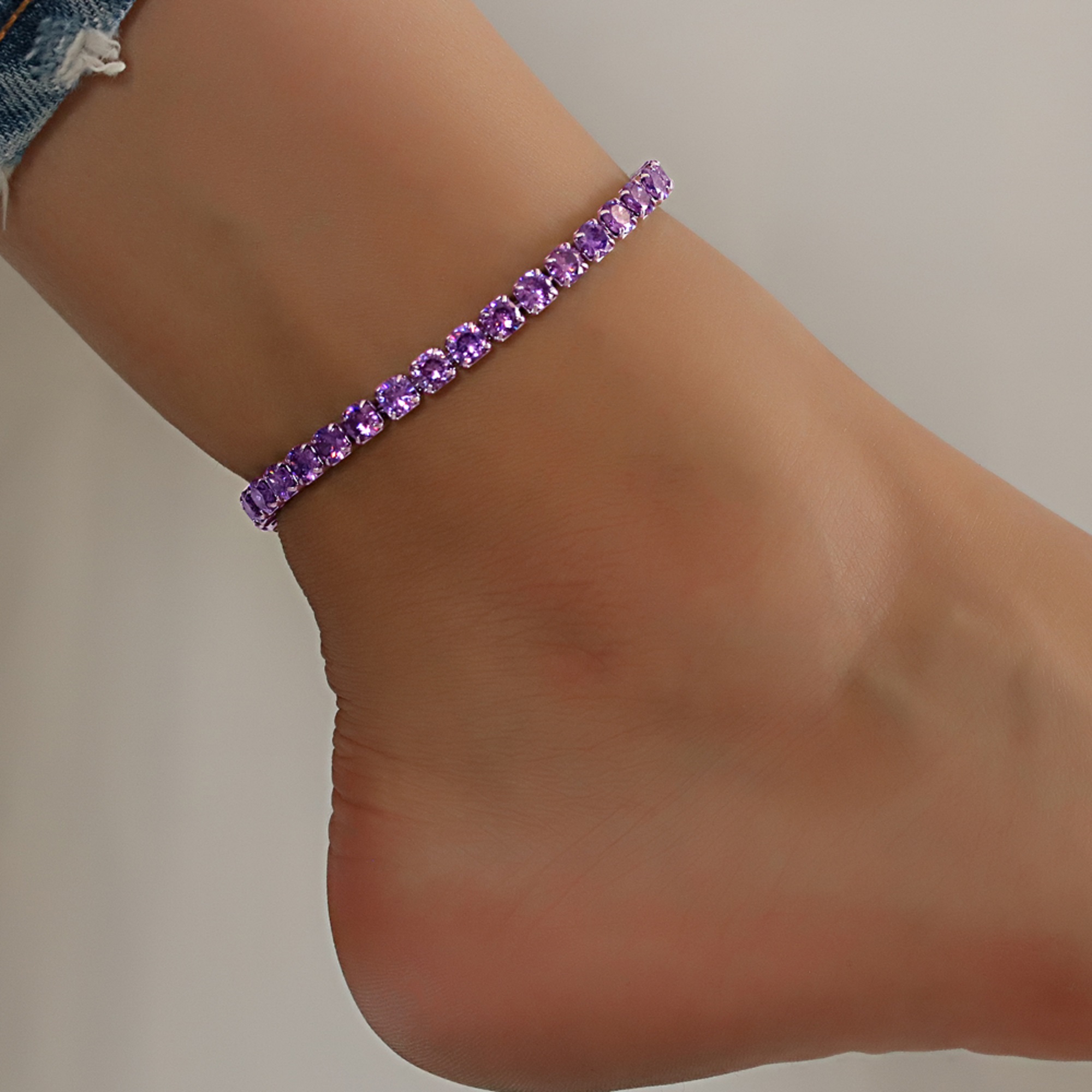 Silver Cubic Zirconia Adjustable Anklet for Women, 7"+2" inch Adjustable Size and Brass Metal.