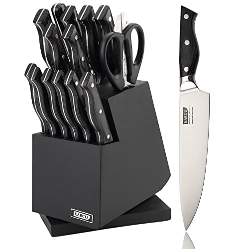 Knife Set, 15-Piece German High Carbon Stainless Steel Knife Block Set with Wood Handle, Rotating Acacia Block, Black
