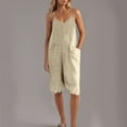 thumbnail image 3 of Womens Casual Linen Jumpsuit with Pocket Spaghetti Strap Capris Pants Rompers V Neck Lace-Up Loose Fit Summer Outfits, Beige, XL, 3 of 6