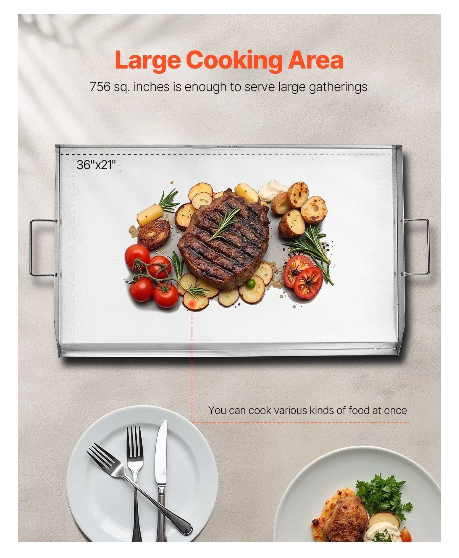 Stainless Steel Griddle 36x22 inch, Flat Top Grill Plate for Gas BBQ, Teppanyaki, Camping, Tailgating, Family Cookware with Handle