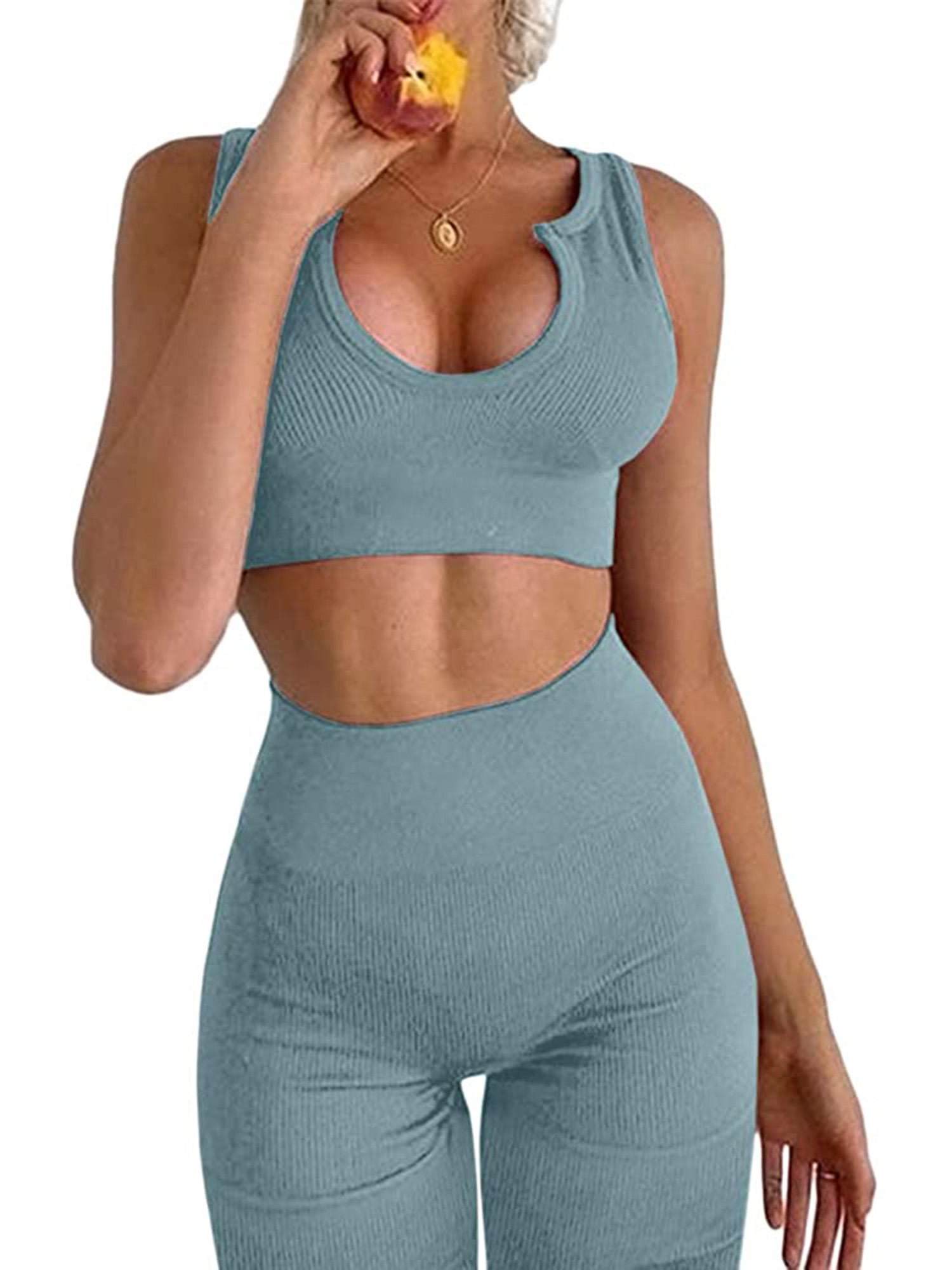 Ribbed Workout Sets for Women 2 Piece Gym Outfits Crop Tops High Waist Running Shorts Yoga Activewear 