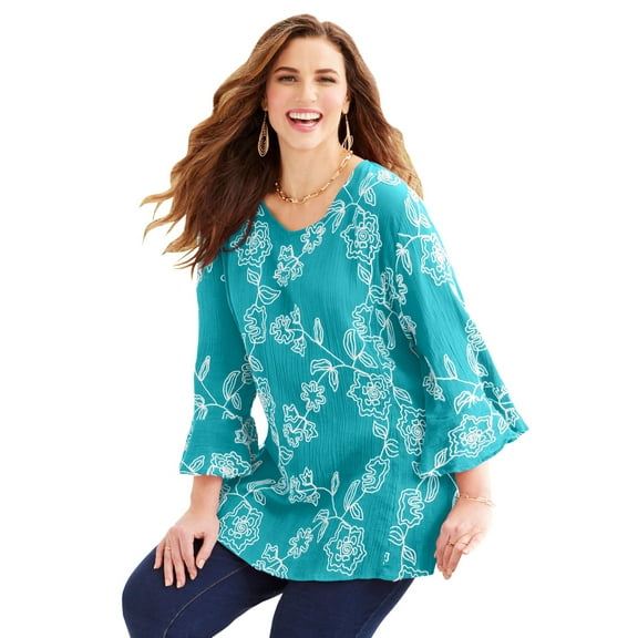 Catherines Women's Plus Size Petite Embroidered Gauze Tunic