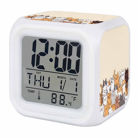 Cartoon Cat Digital Alarm Clock for Bedrooms, Smart LED Alarm Clock with 7 Color Changing Night