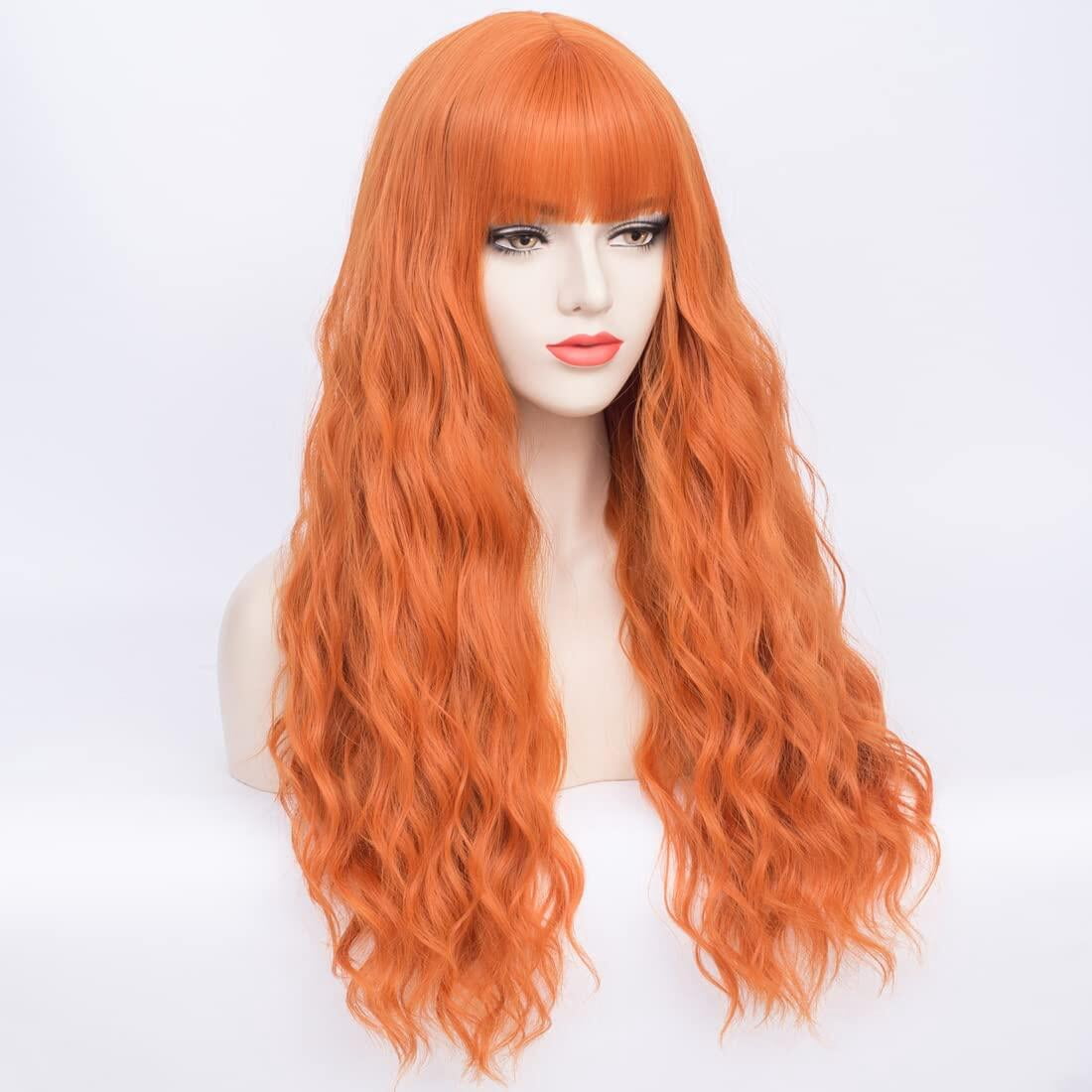 BERON Orange Wig Curly Wavy Wig With Bangs for Women Curly Wavy Synthetic Wigs for Girls Daily Party Use Wig Cap Included