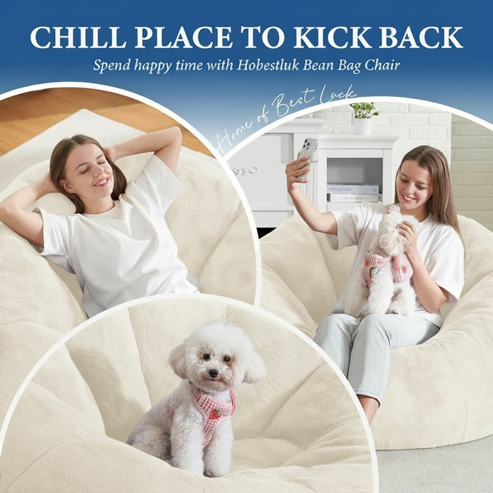 Large Bean Bag Chair for Adults, Oversized Memory Foam Beanbag Sofa with Soft Ice Flower Velvet Cover for Reading, Gaming & Relaxing (White)