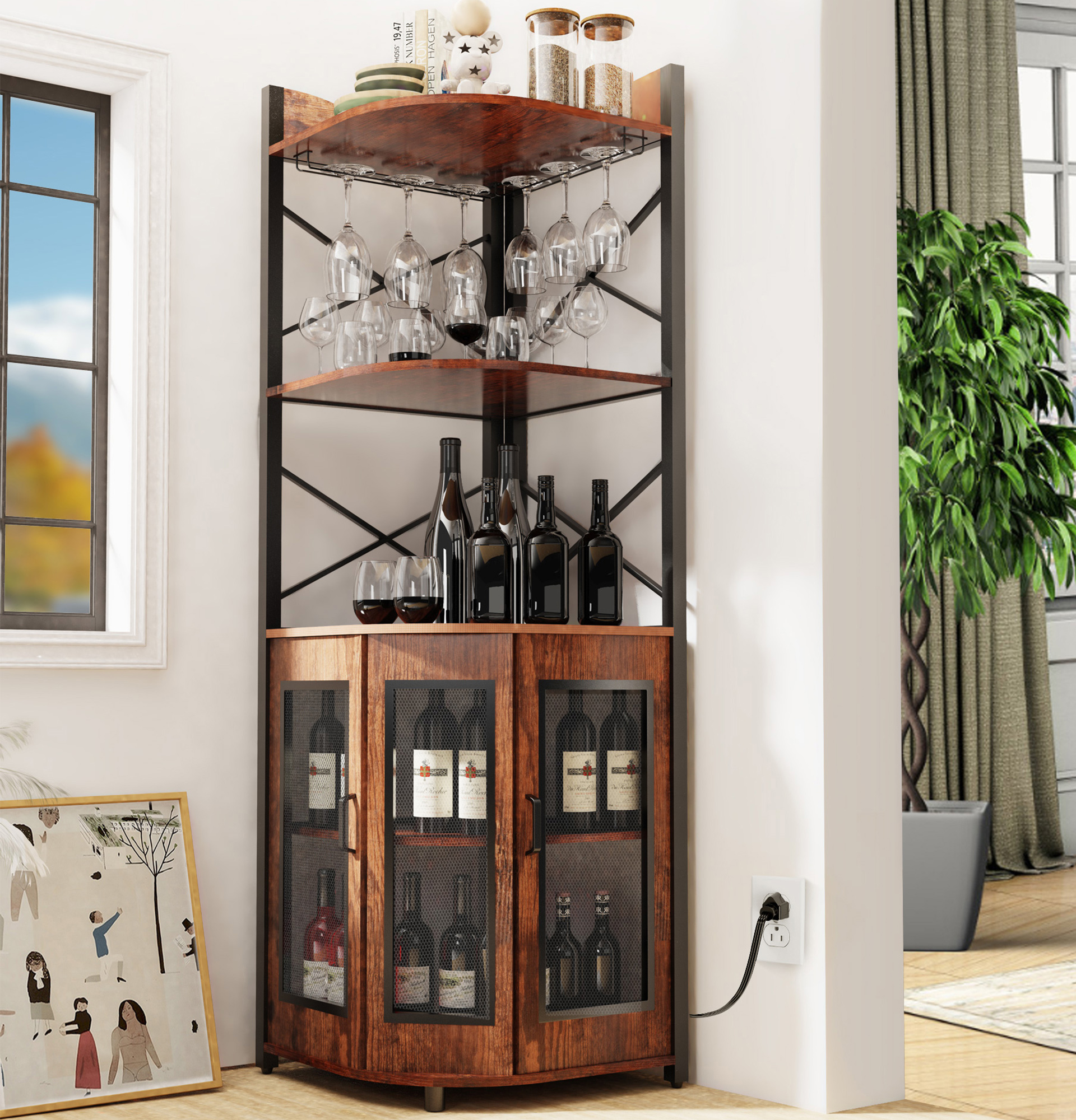 YISUFO 5 Tier Corner Bar Cabinet with Power Outlet, LED Lights, Wine Rack Display Shelves & Glass Holder, Storage Cabinet Corner Shelf For Living Room Kitchen