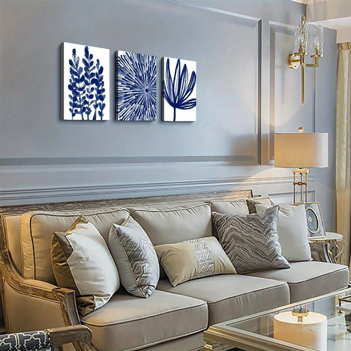 3pcs with frame -Blue floral wall art modern home decor Theme Canvas Wall Art Framed Painting Clearance Sale, 2D Flat, Suitable for Halloween, Christmas, Winter and Summer