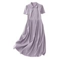 thumbnail image 2 of GaThRRgYP Women Dress Summer Short Sleeve,Women's Elastic Waist Loose and Comfortable Solid Color Doll Shirt Linen Dress Purple XL, 2 of 7